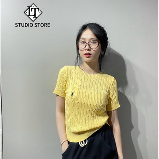 LT - Áo len nữ cộc tay cổ tròn xoắn thừng túi ngực free size len quảng châu hoạ thêu 1228
