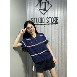 LT - Áo len nữ cổ bẻ kẻ sọc ngang chữ ngực free size len mongtoghi