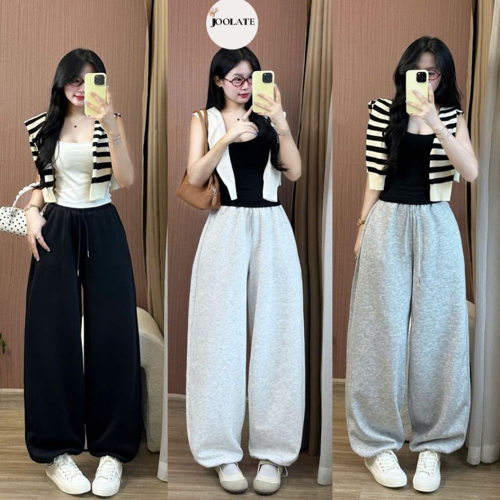 Quần nỉ 2 da nữ ống rộng phối gân form rộng unisex thu đông giữ ấm – Joolate