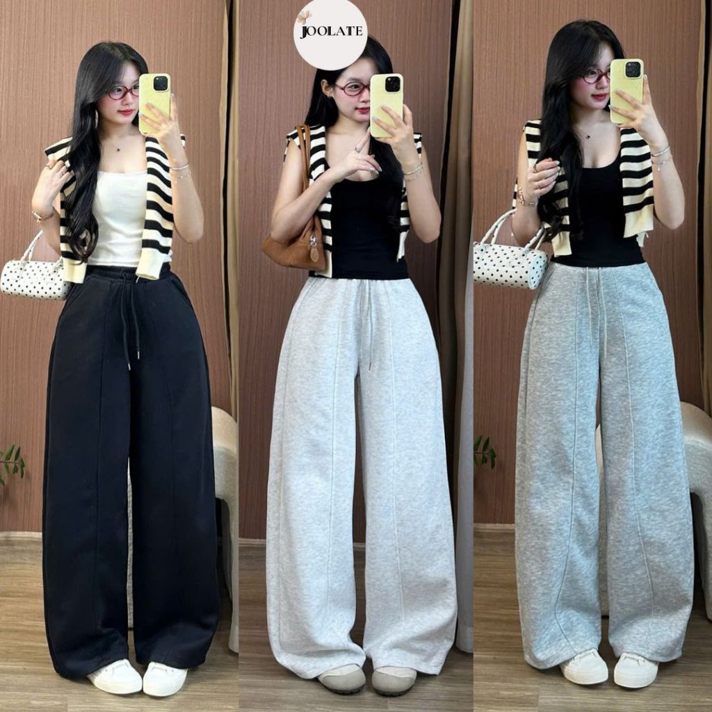 Quần nỉ 2 da nữ ống rộng phối gân form rộng unisex thu đông giữ ấm – Joolate