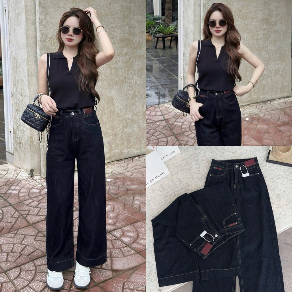 Quần Jean Suông Nữ CHEZI HOUSE Phối Mác Đỏ Lưng Cao Tôn Dáng Che Khuyết Điểm #8256 #8302  Màu Xanh Than Denim