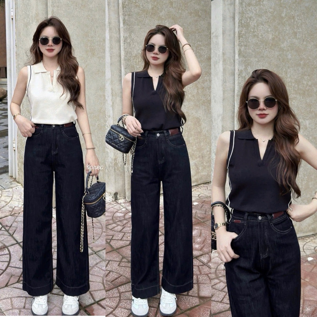 Quần Jean Suông Nữ CHEZI HOUSE Phối Mác Đỏ Lưng Cao Tôn Dáng Che Khuyết Điểm #8256 #8302  Màu Xanh Than Denim