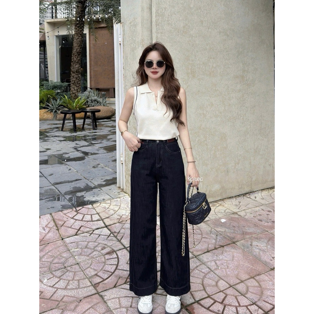 Quần Jean Suông Nữ CHEZI HOUSE Phối Mác Đỏ Lưng Cao Tôn Dáng Che Khuyết Điểm #8256 #8302  Màu Xanh Than Denim