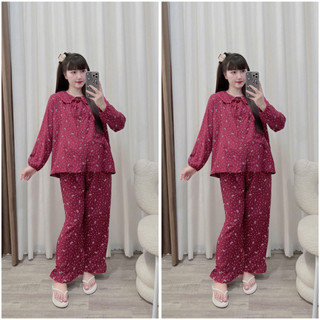 Bộ bầu - Bộ sau sinh - BỘ DÀI ĐŨI NHĂN HÌNH CỔ SEN DẬP LY KÈM DÂY BUỘC - 5 Màu