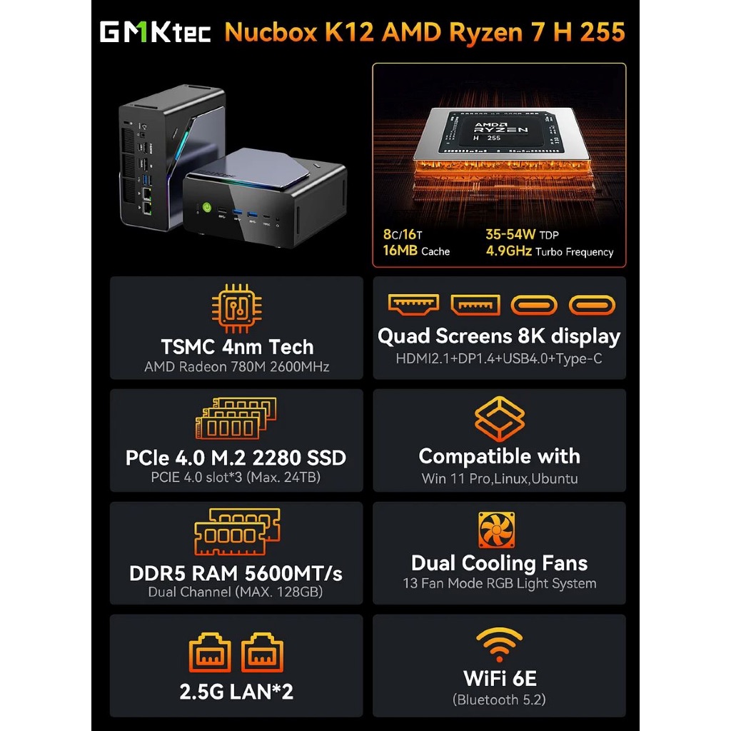 Mini PC GMKtec K12 Ryzen 7 H255 - 8 nhân 16 luồng DDR5 NVMe 4 | GPU Radeon 780M | USB4 & OCuLink | BigBuy360 - bigbuy360.vn