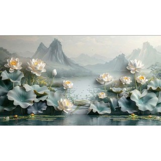 Tranh 3D hoa sen dán tường, tranh hoa sen decor phòng thờ, phòng khách tranh in trên chất liệu vải lụa(tặng kèm keo dán)