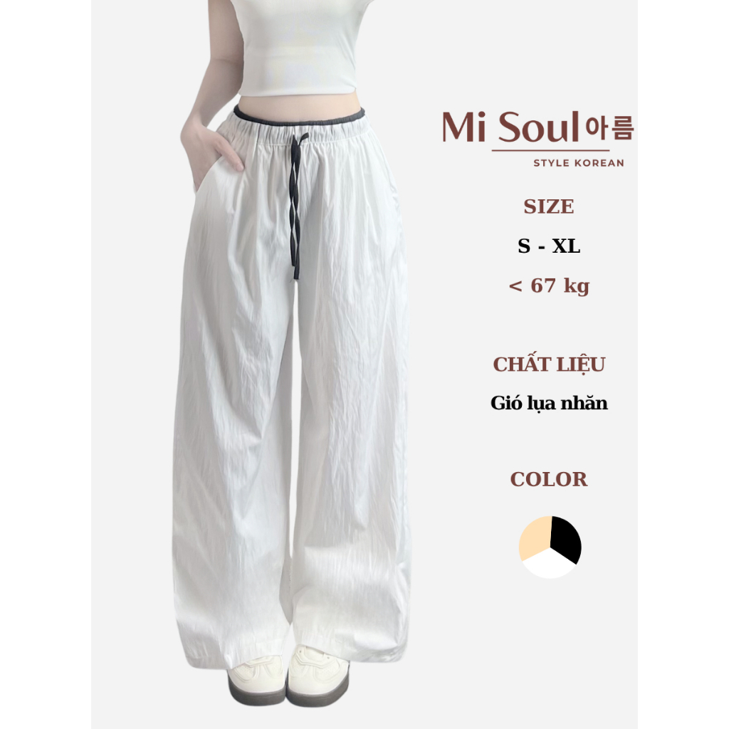 Quần Dài Suông Ống Rộng MiSoul Chất Gió Lụa Nhăn Thoáng Mát Phối Cạp Chun Dây Rút Cá Tính