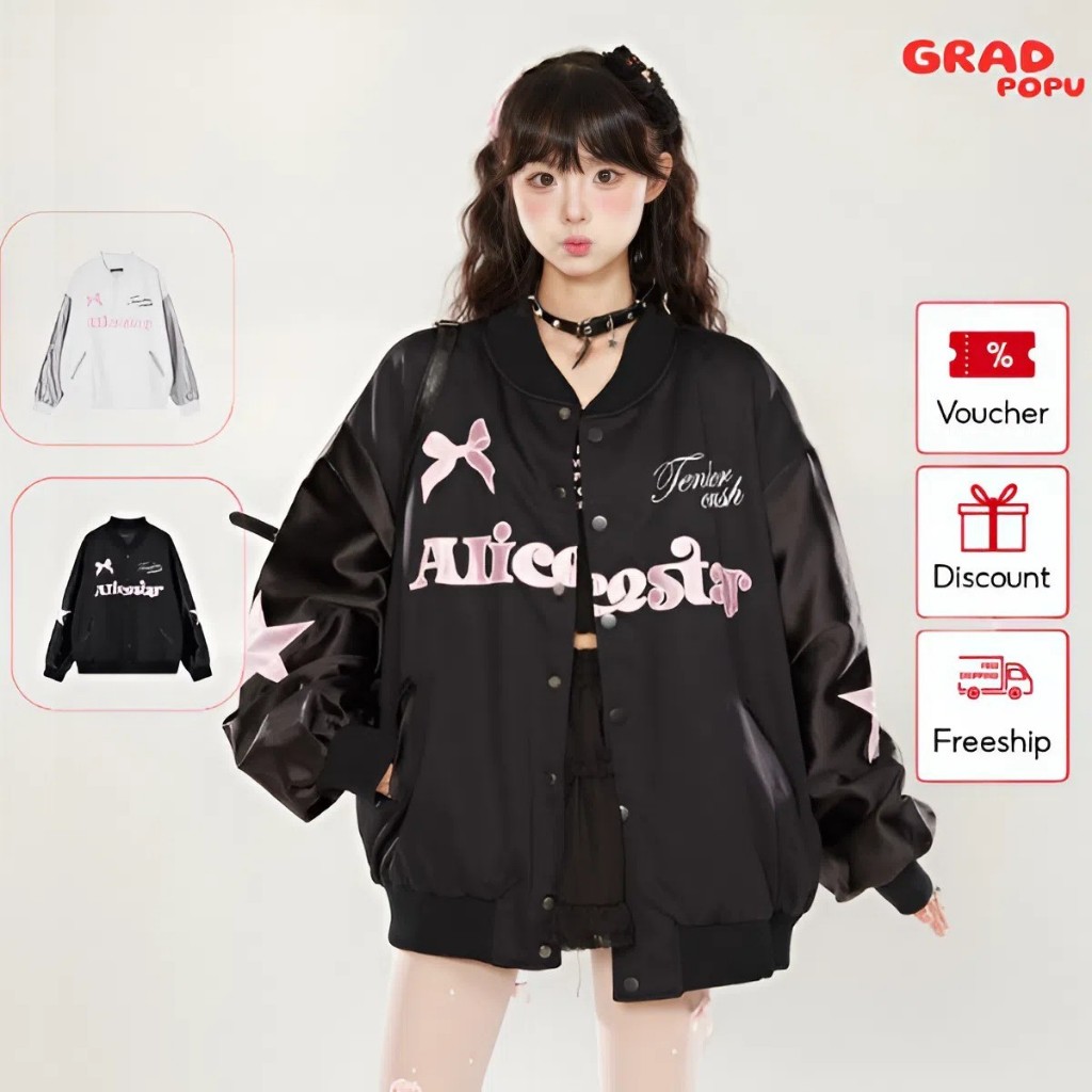Áo khoác bóng chày nữ GRADPOPU xuân thu dáng rộng thêu nơ màu tương phản phong cách Mỹ PAK64