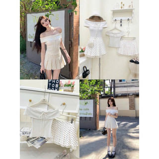 SEP House - Set trễ vai ôm body rút dây phối chân váy chấm bi xếp ly viền ren nữ tính - kem - Hàng loại 1