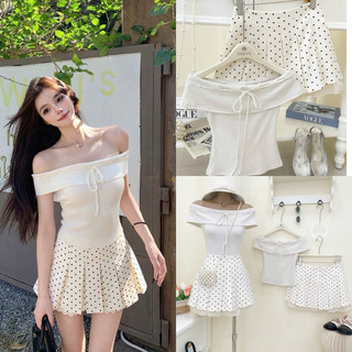 SEP House - Set trễ vai ôm body rút dây phối chân váy chấm bi xếp ly viền ren nữ tính - kem - Hàng loại 1