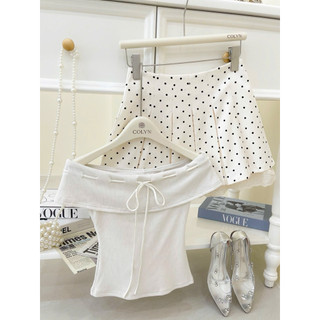 SEP House - Set trễ vai ôm body rút dây phối chân váy chấm bi xếp ly viền ren nữ tính - kem - Hàng loại 1