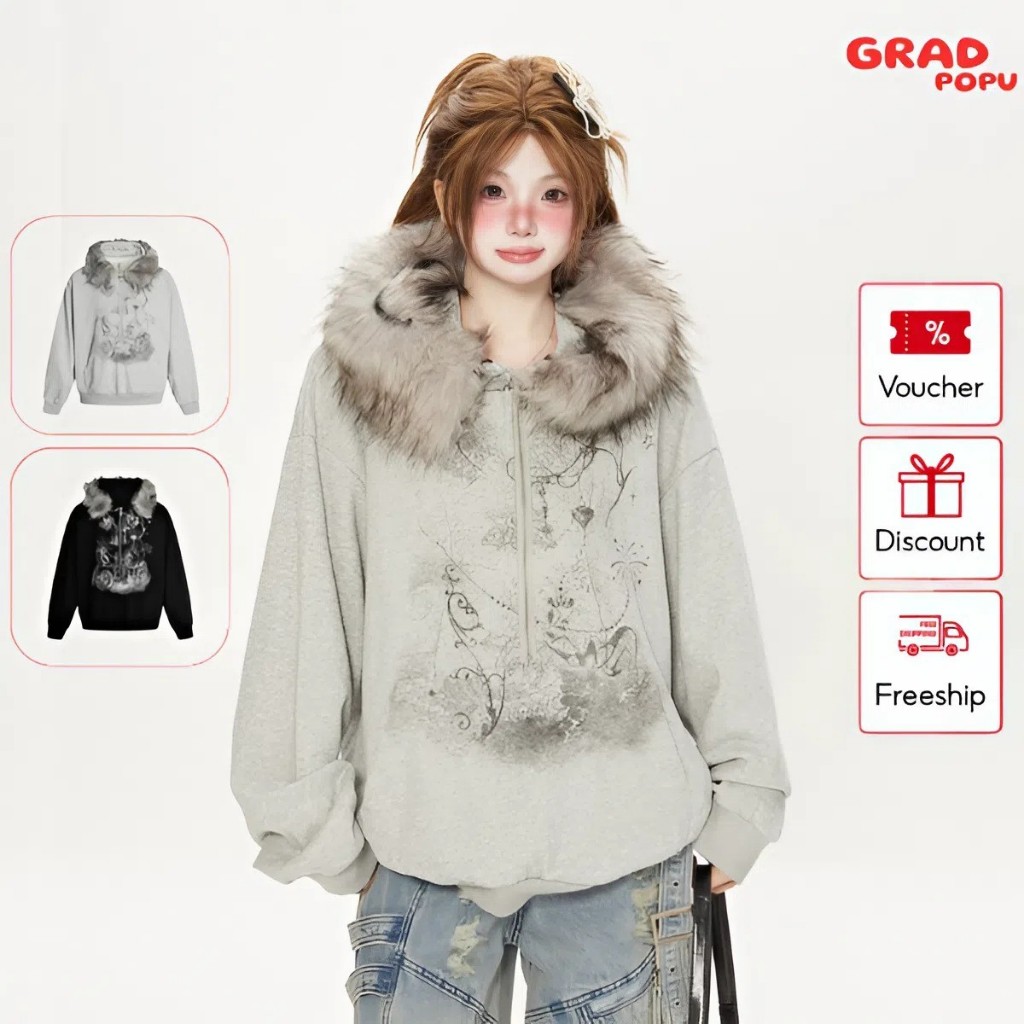 Áo khoác cardigan nữ GRADPOPU cổ lông họa tiết sọc Y2K có khóa kéo phong cách hot girl AK117