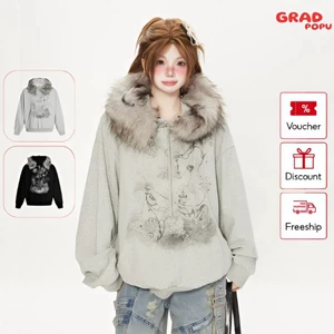 Áo khoác cardigan nữ GRADPOPU cổ lông họa tiết sọc Y2K có khóa kéo phong cách hot girl AK117