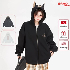 Áo khoác len nhung dày nữ GRADPOPU hình cún con dễ thương màu đen cardigan xuân thu dáng rộng PAK32