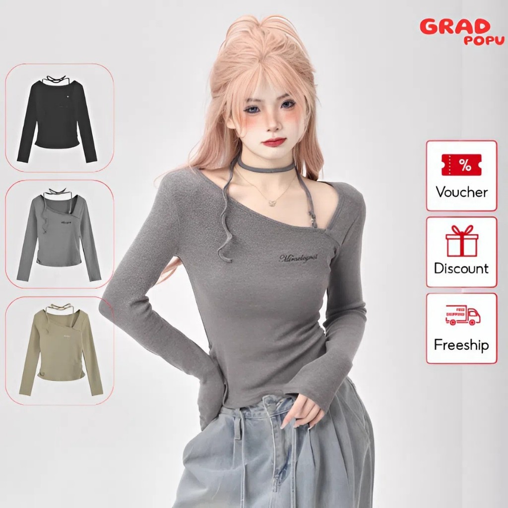 Áo thun nữ dài tay GRADPOPU thiết kế hở vai quý cô sang trọng dáng ôm phong cách Hàn Quốc PAT25