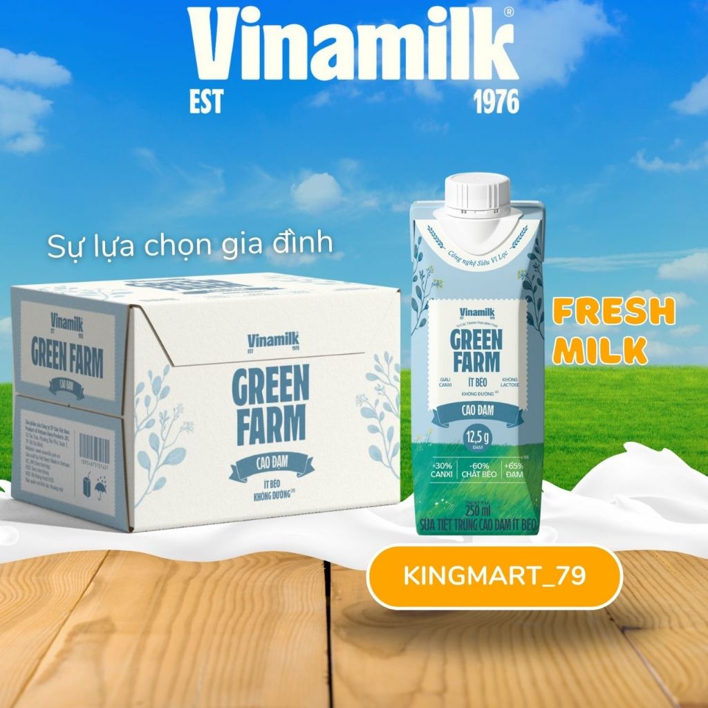 [Giá sỉ] Thùng sữa tươi tiệt trùng Green Farm cao đạm ít béo Vinamilk hộp 250ml (6 Hộp/12 Hộp).