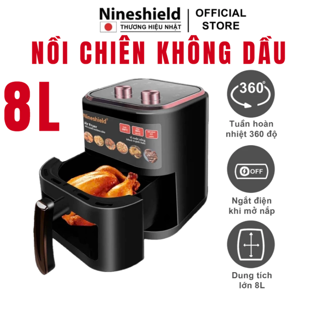 NỒI CHIÊN KHÔNG DẦU NHẬT BẢN CAO CẤP NINESHIELD 8L 10L 12,5L 15L CÓ KÍNH + GIÓ ĐỐI LƯU BH 12 THÁNG ảnh 4