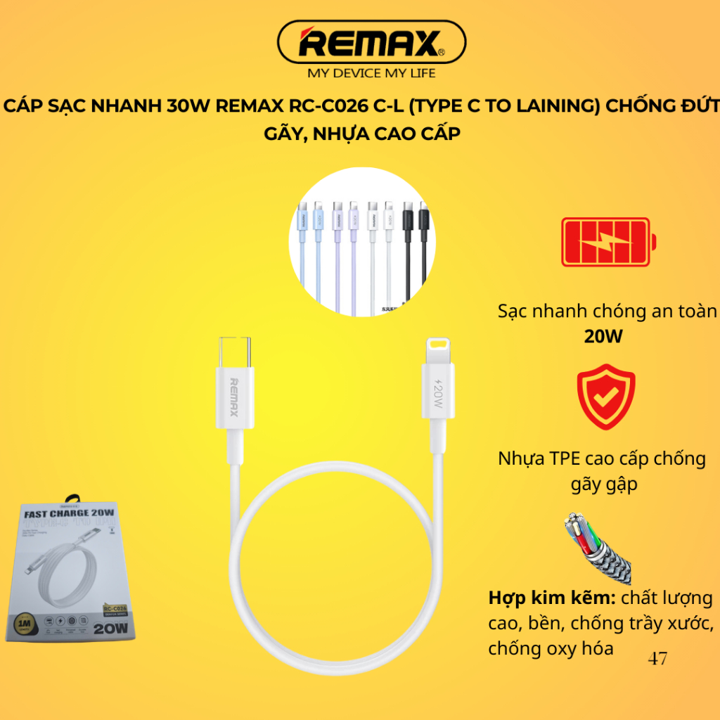 Cáp sạc nhanh 30W REMAX RC-C026 C-L (Type C To Lining) chống đứt gãy ...