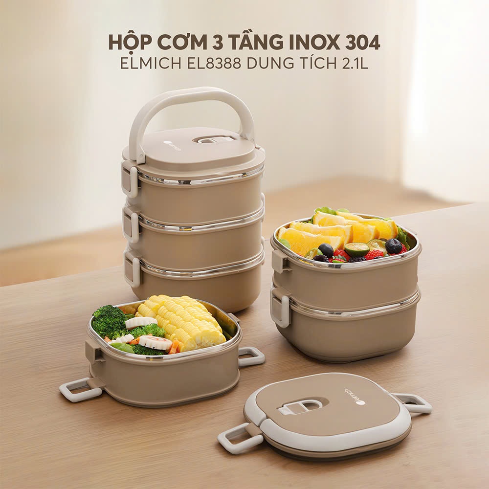 Hộp Cơm INOX 304 Elmich Dung Tích 1L - 2L | Hộp Đựng Cơm Văn Phòng Elmich Chính Hãng