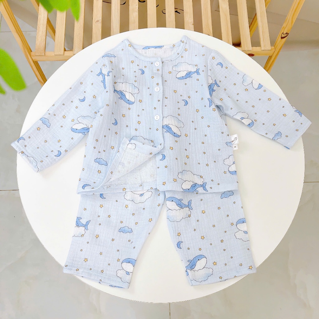 Pijama bé trai bé gái tay dài xô muslin Lá Homewear A109, đồ ngủ bé trai xô đũi cổ tròn caro