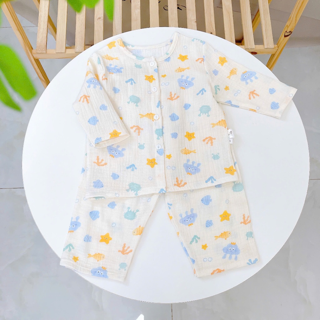 Pijama bé trai bé gái tay dài xô muslin Lá Homewear A109, đồ ngủ bé trai xô đũi cổ tròn caro