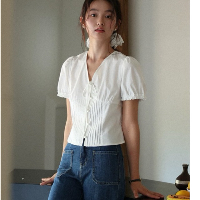 𝗥𝗮𝗶𝗻 𝗟𝗶𝗻𝗲𝗻-|BEELY| Áo Linen tay phồng nơ xếp li thủ công