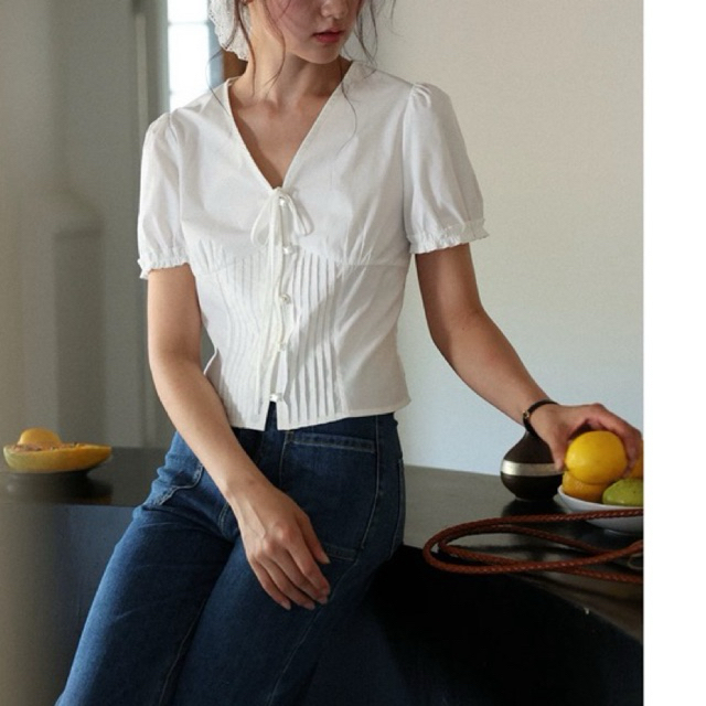 𝗥𝗮𝗶𝗻 𝗟𝗶𝗻𝗲𝗻-|BEELY| Áo Linen tay phồng nơ xếp li thủ công