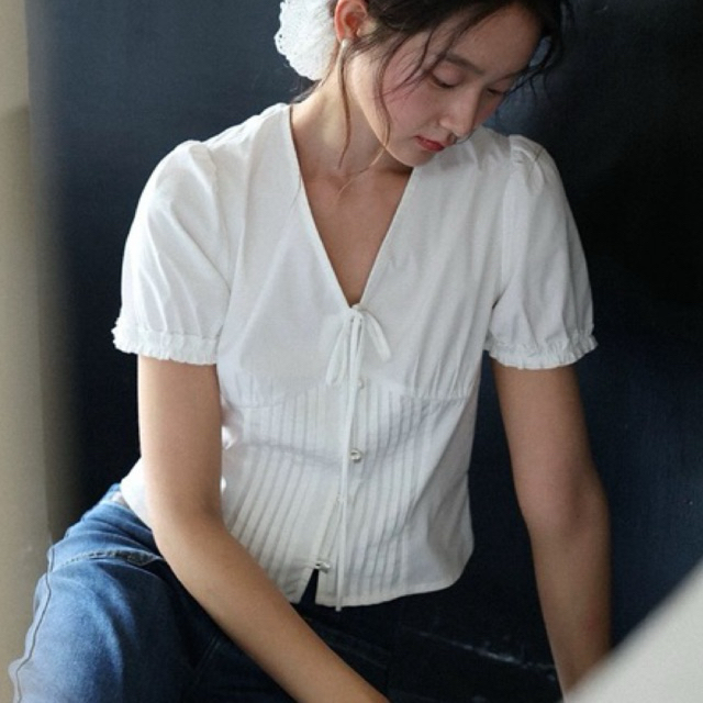 𝗥𝗮𝗶𝗻 𝗟𝗶𝗻𝗲𝗻-|BEELY| Áo Linen tay phồng nơ xếp li thủ công