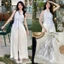 set áo sọc cột yếm hở lưng đính nơ mocking co giãn mix quần đũi ống rộng viền bèo sang chảnh