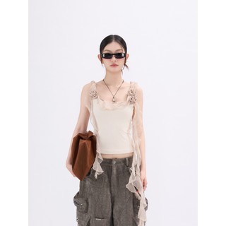 TSUN - Rosie Top Áo Hai Dây Nữ Body Phối Bèo Hoa Hồng Màu Be Ôm Dáng Cá Tính Quyến Rũ