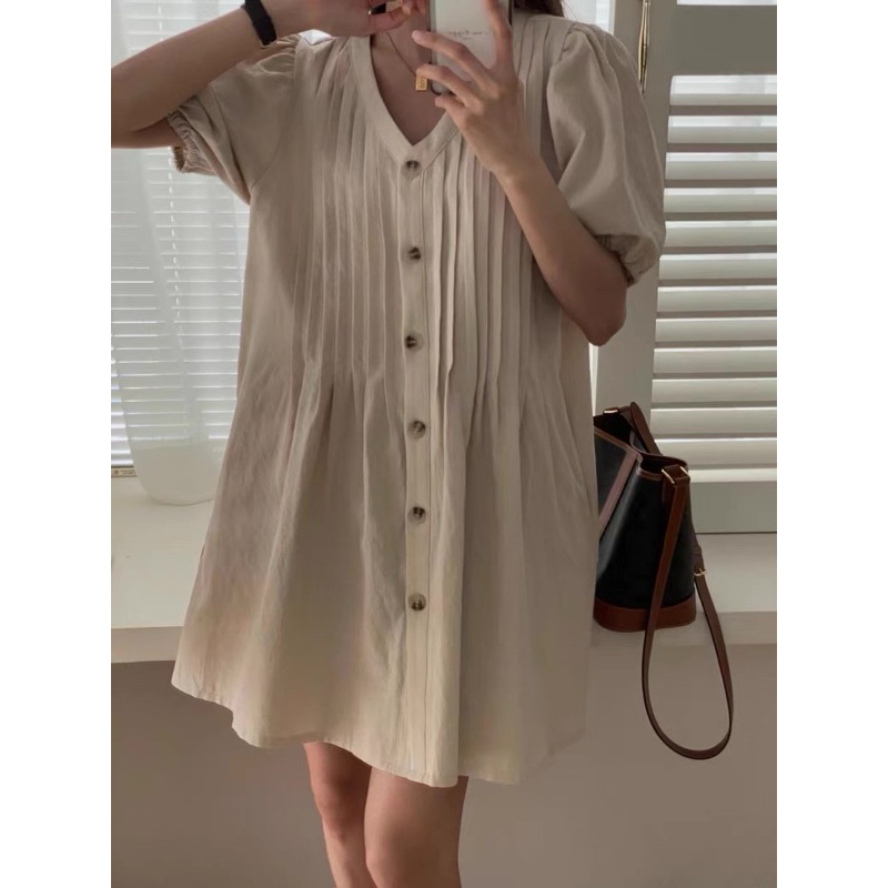 𝗛𝗲𝘃𝗲𝗿  - Đầm Linen xếp li Thủ công tay phồng BEELY