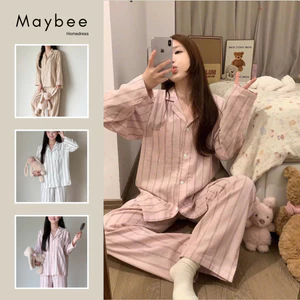 MB-SET-012 Maybee.Homedress Bộ Ngủ Dài Tay Kẻ Sọc Lớn – Chất Đũi Mềm Mịn, Thanh Lịch, Thoải Mái