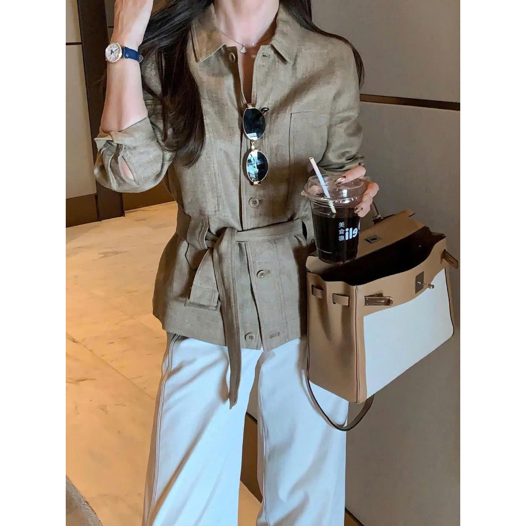 O.urs | Áo khoác Linen Belted Jacket phong cách thanh lịch màu Beige thiết kế tinh tế và nữ tính cho phong cách