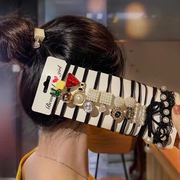 SET DÂY BUỘC TÓC PHONG CÁCH HÀN QUỐC - Bộ 11 Dây Cột Tóc Cao Su Đính Ngọc Trai,Túi 11 Dây Chun Dễ Thường Dành Cho Bé