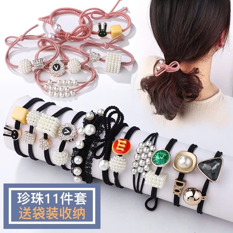 SET DÂY BUỘC TÓC PHONG CÁCH HÀN QUỐC - Bộ 11 Dây Cột Tóc Cao Su Đính Ngọc Trai,Túi 11 Dây Chun Dễ Thường Dành Cho Bé