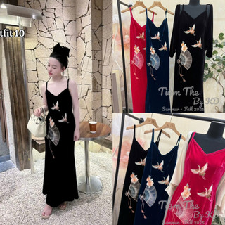 Váy nhung the hai dây thêu quạt + chim hạc dáng dài