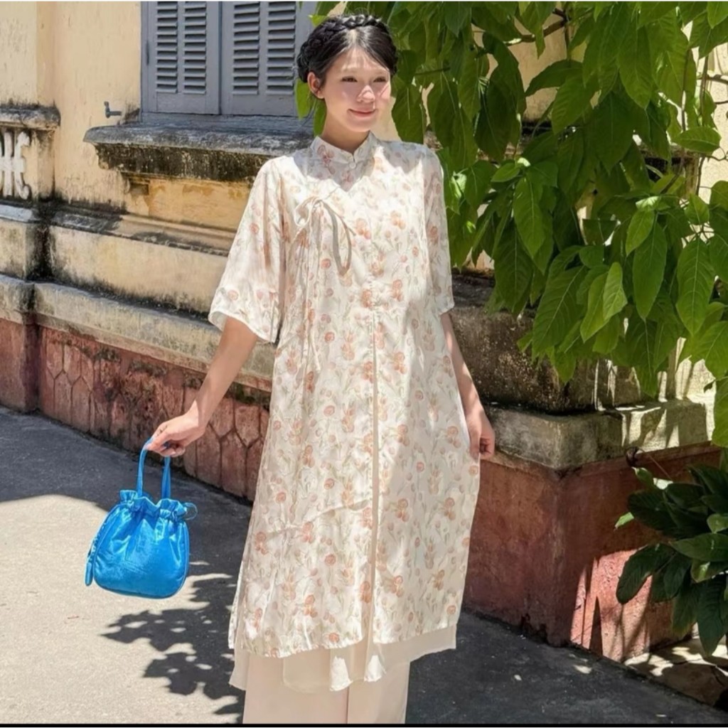 Áo dài Bích Hồ kiểu tứ thân xẻ 4 tà, áo cách tân Tết LABEL AD06