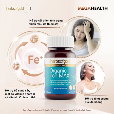 Viên Uống Bổ Sung Sắt Herbs of Gold Organic Iron Max – Hỗ Trợ Tăng Cường Sức Đề Kháng, Giảm Thiếu Máu – Hộp 30 Viên