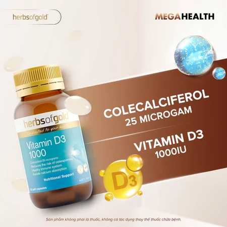 Viên Uống Vitamin D3 1000 Herbs of Gold – Hỗ Trợ Miễn Dịch, Hấp Thu Canxi, Giảm Nguy Cơ Loãng Xương (120 Viên)