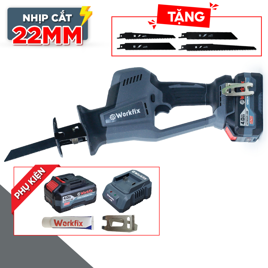 [BẢN MỚI] Máy Cưa Kiếm Pin Workfix WF-CK20BL công suất 800W Máy cưa vòng đa năng cắt cây cối, ống PC mềm mịn