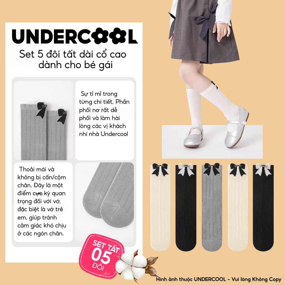 Set 5 Đôi Tất Cao Cổ Cho Bé Gái 5-10 Tuổi - Vớ Trẻ Em Phối Nơ Xinh Xắn Thu Đông Cho Bé Gái CB-TC105