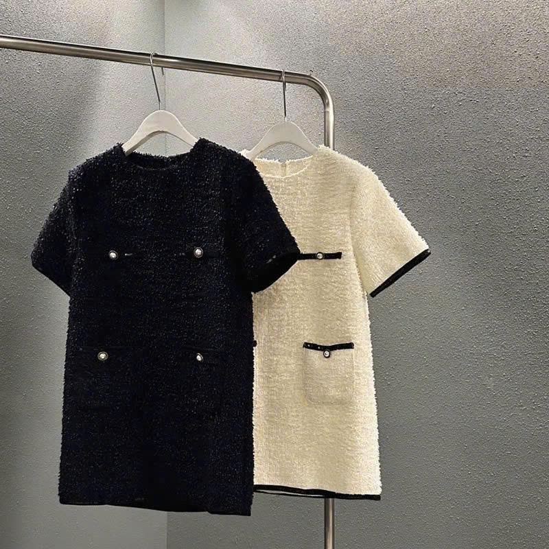 𝗢.𝘂𝗿𝘀 | Đầm Tweed Mini Tay Ngắn - Đầm Tweed ngắn tay dáng cổ tròn cài nút phong cách Hàn Quốc