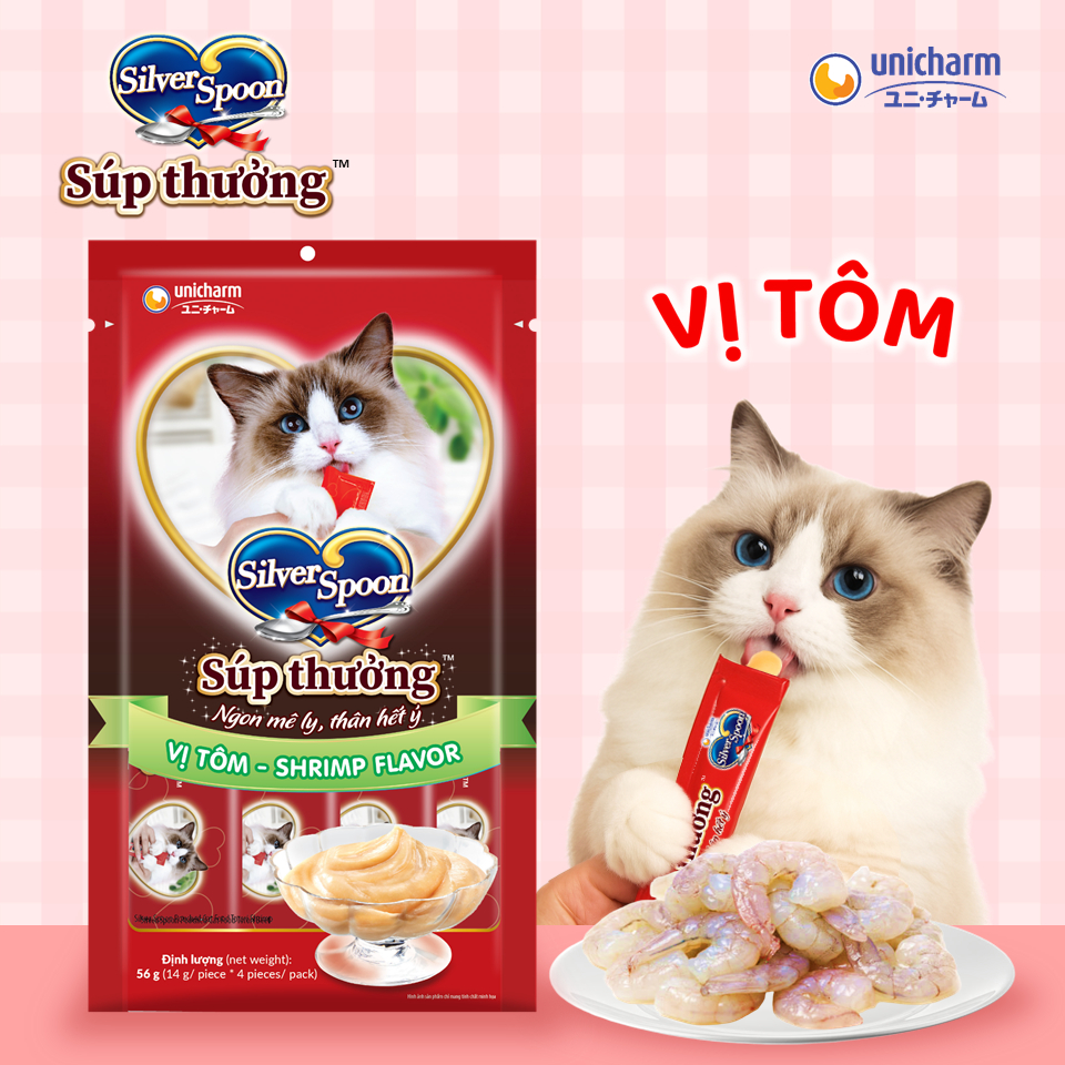 [V] Combo 4 súp thưởng dạng thanh cho mèo Silver Spoon 56g ( 4 thanh 14g) - 6 Vị Thơm Ngon - 100% thịt cá thật hảo hạng