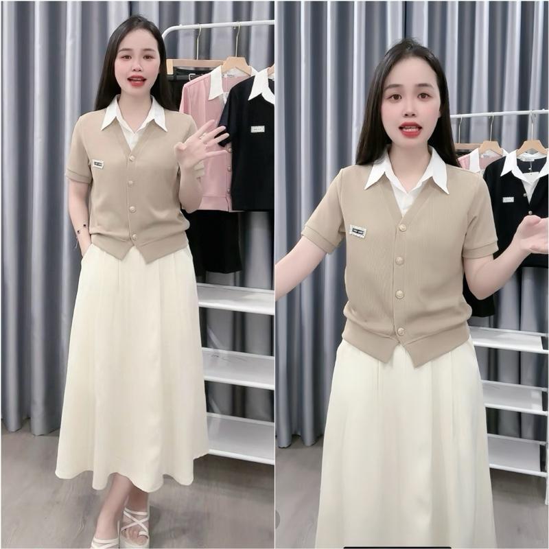 BỘ [ÁO CỔ SƠ MI- CHÂN VÁY CHÉO BELL].Sét Áo chất tăm hàn phối cổ sơmi+ chân váy chất chéo hàn kèm thắt lưng.