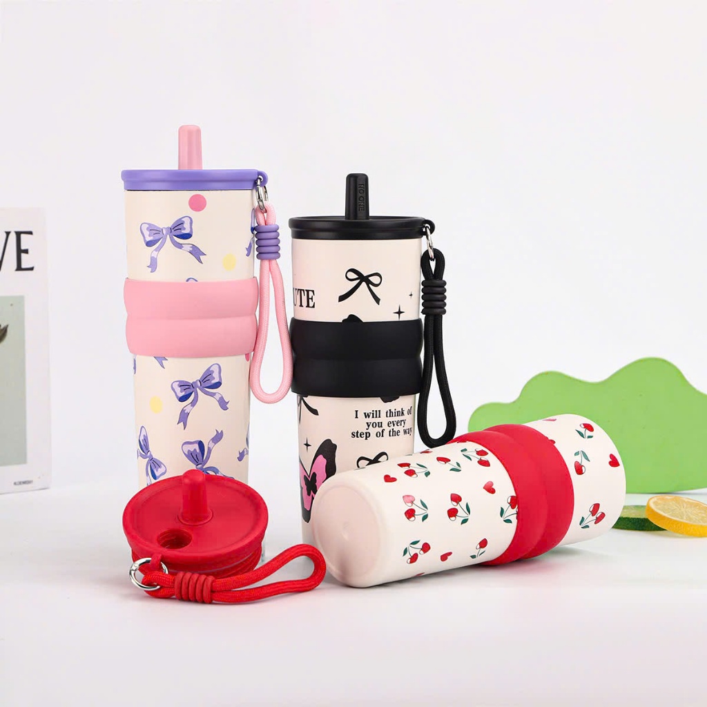 Ly Giữ Nhiệt Lót Gốm 680ML, Bình Giữ Nhiệt Có Lọc Trà Ống Hút Siêu Cute Ly Giữ Nhiệt Tráng Sứ