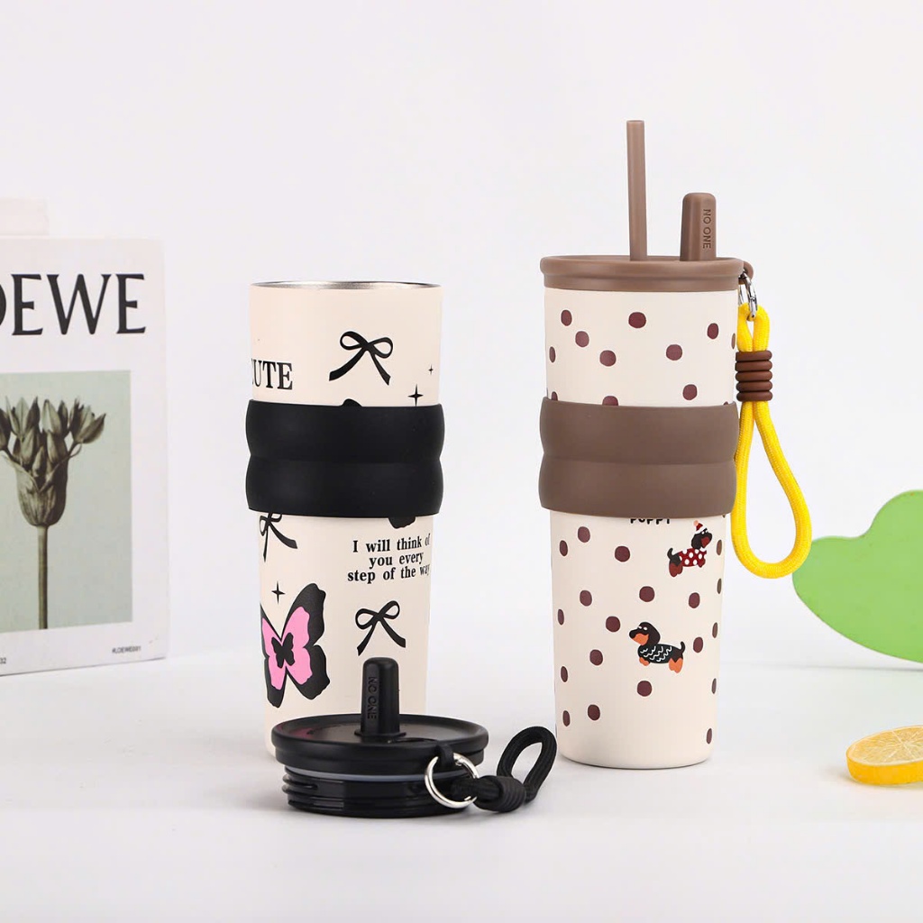 Ly Giữ Nhiệt Lót Gốm 680ML, Bình Giữ Nhiệt Có Lọc Trà Ống Hút Siêu Cute Ly Giữ Nhiệt Tráng Sứ