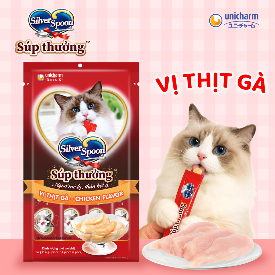 [V] Combo 4 súp thưởng dạng thanh cho mèo Silver Spoon 56g ( 4 thanh 14g) - 6 Vị Thơm Ngon - 100% thịt cá thật hảo hạng