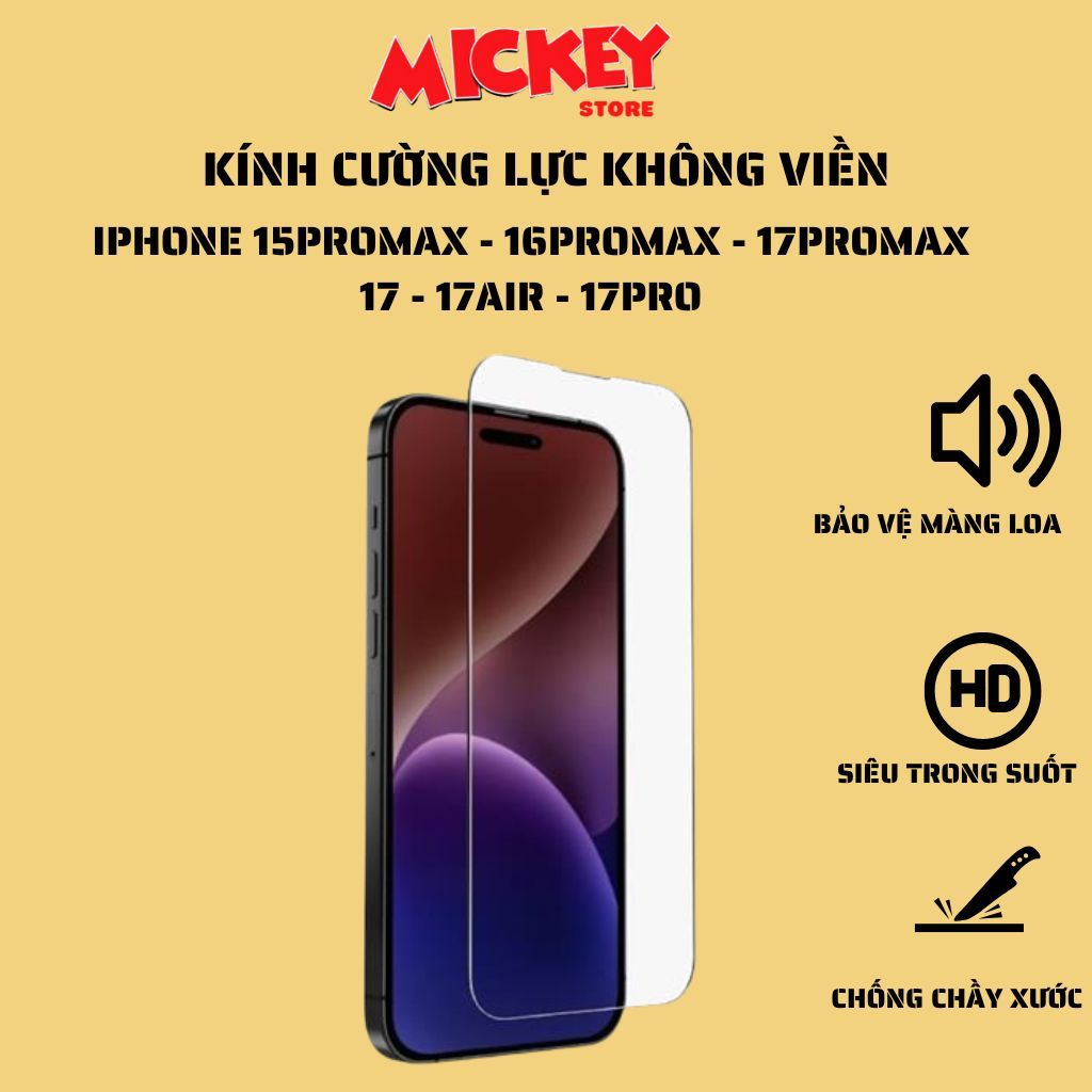 Kính cường lực không viền vô cực cho IPhone 17Promax 17 16Pro 17Pro 17Air 15Promax 16Promax