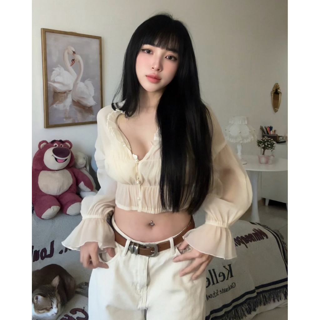 HERBIE - Áo sơ mi kem vàng tay phồng vải tơ ánh kim cao cấp nhún bèo (Không kèm bra) | Lalin Top 🐰