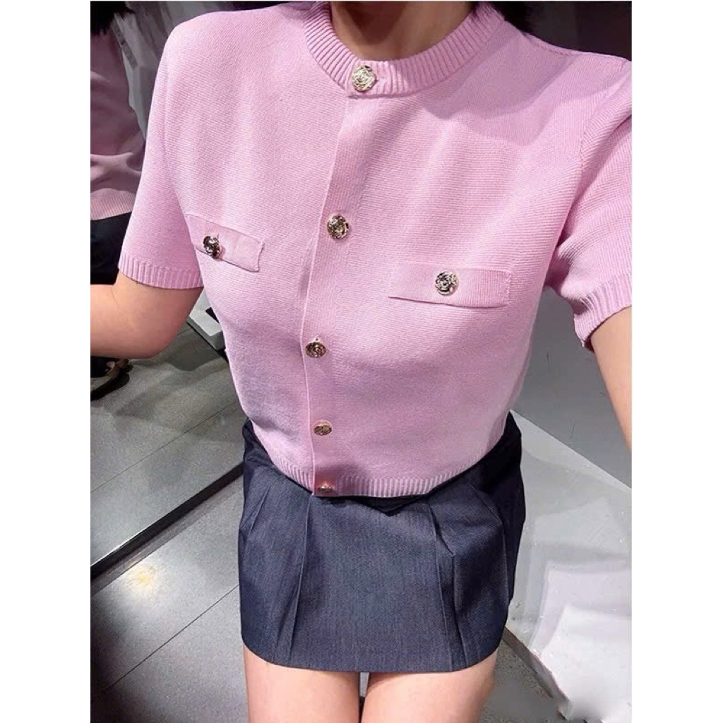 [Sẵn Hàng] Áo Len Nữ Cardigan Tay Ngắn Túi Giả – Màu Hồng Xinh Xắn, Sang Trọng Hàng Chuẩn Xịn